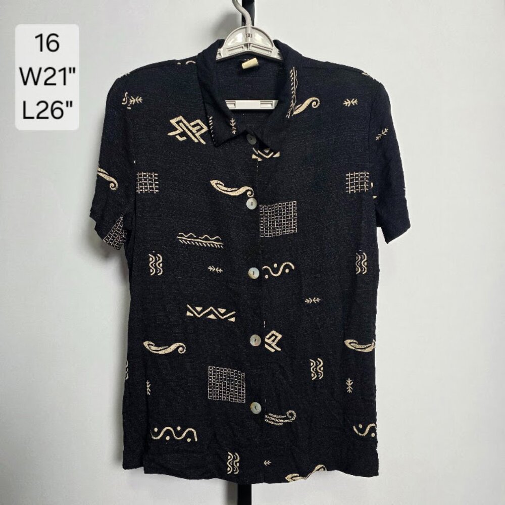 Vintage 90s Teddi Black Rayon Button Up Shirt Top Size 16 Tribal Geometric Art